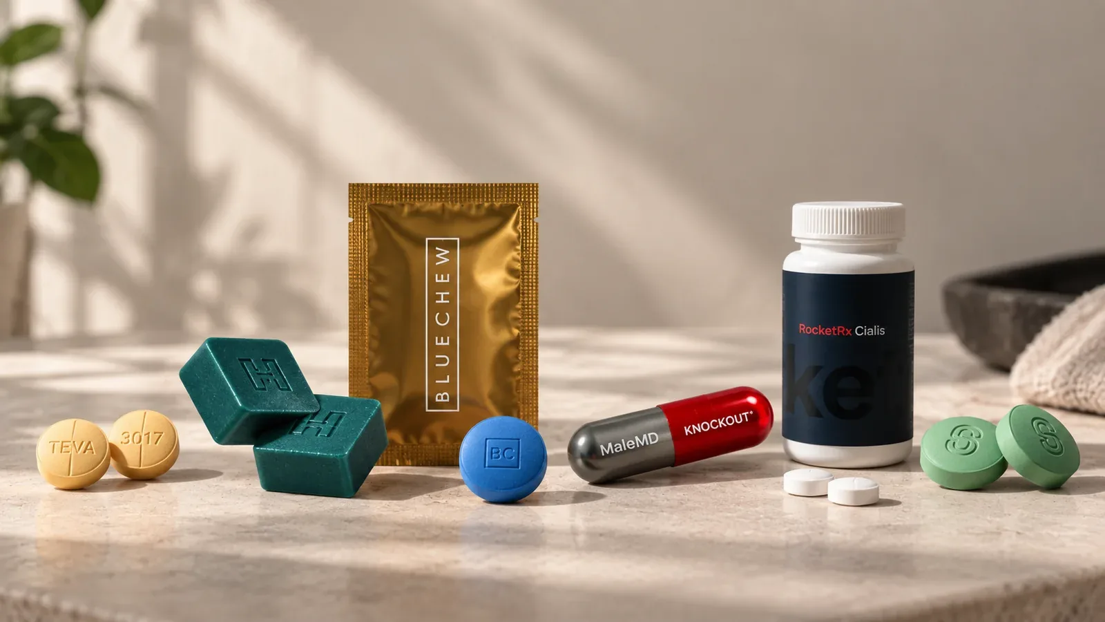 ED treatment packages and tablets arranged together on a marble surface, including Hims, BlueChew, Male MD Knockout and RocketRx, shown side by side for comparison.